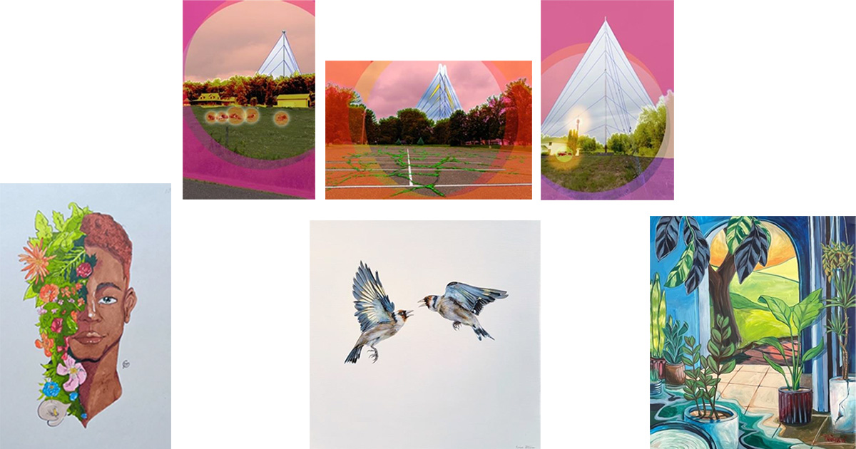 A trio of images of a white triangular tower over colorized landscape surrounded by pink, above a picture of a person's head half covered in flowering plants, a painting of two small birds fighting in midair, and a painting of a room in cool colors with many plants and a archway to the outside